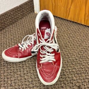 Vans Red Leather High-Top Sneakers with Black Stripe